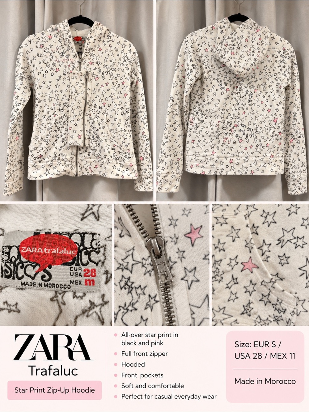Zara Cream Star-Print Zip-Up Hoodie with Black and Pink Stars